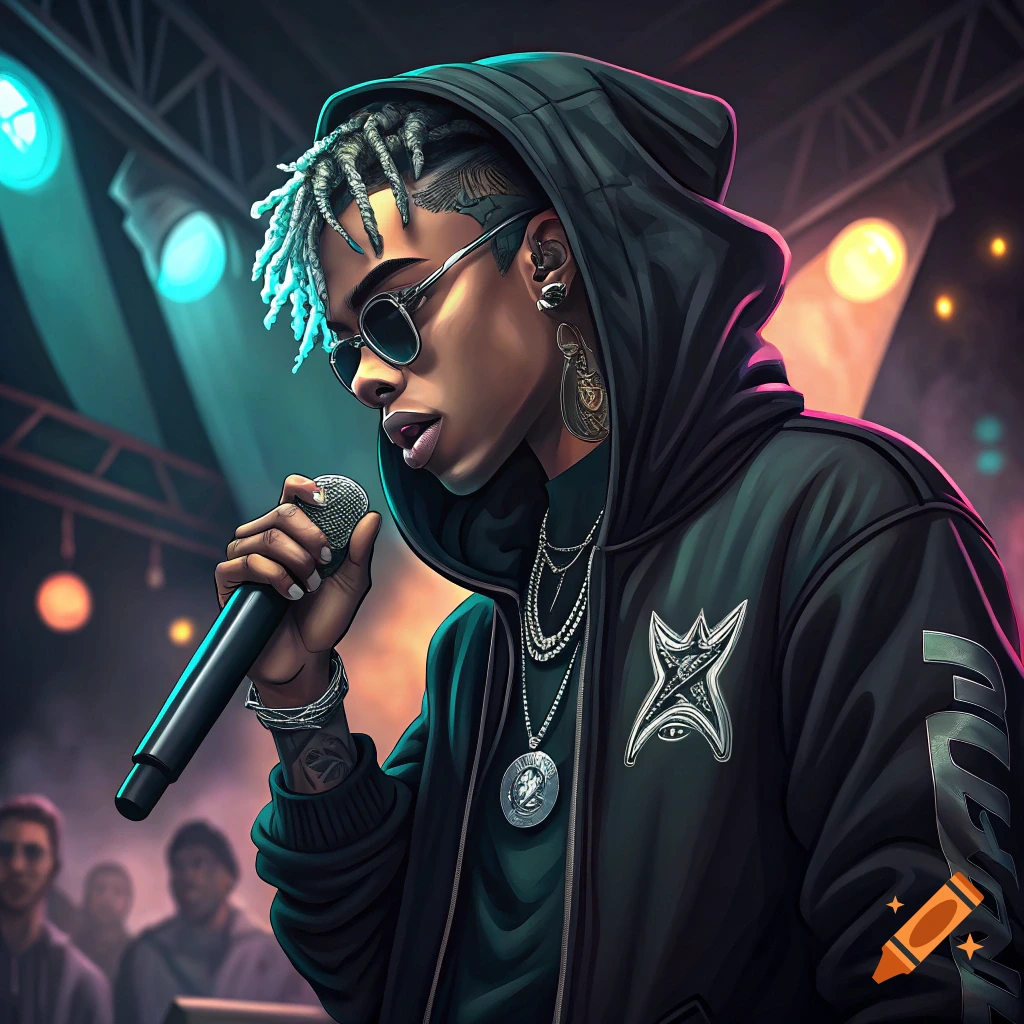 An illustration of a rapper performing on stage, holding a microphone and wearing sunglasses and a hoodie, lit by stage lights.