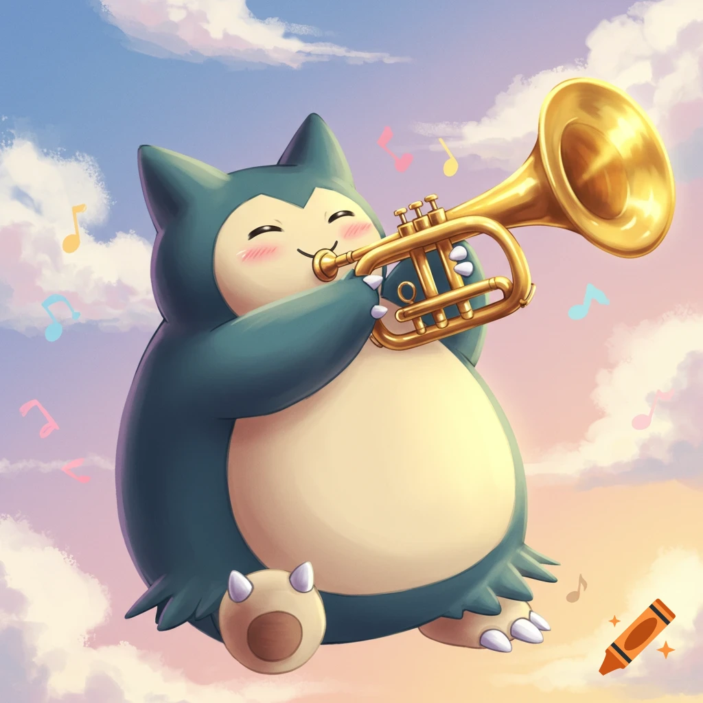 Snorlax playing a trumpet in the sky with musical notes.