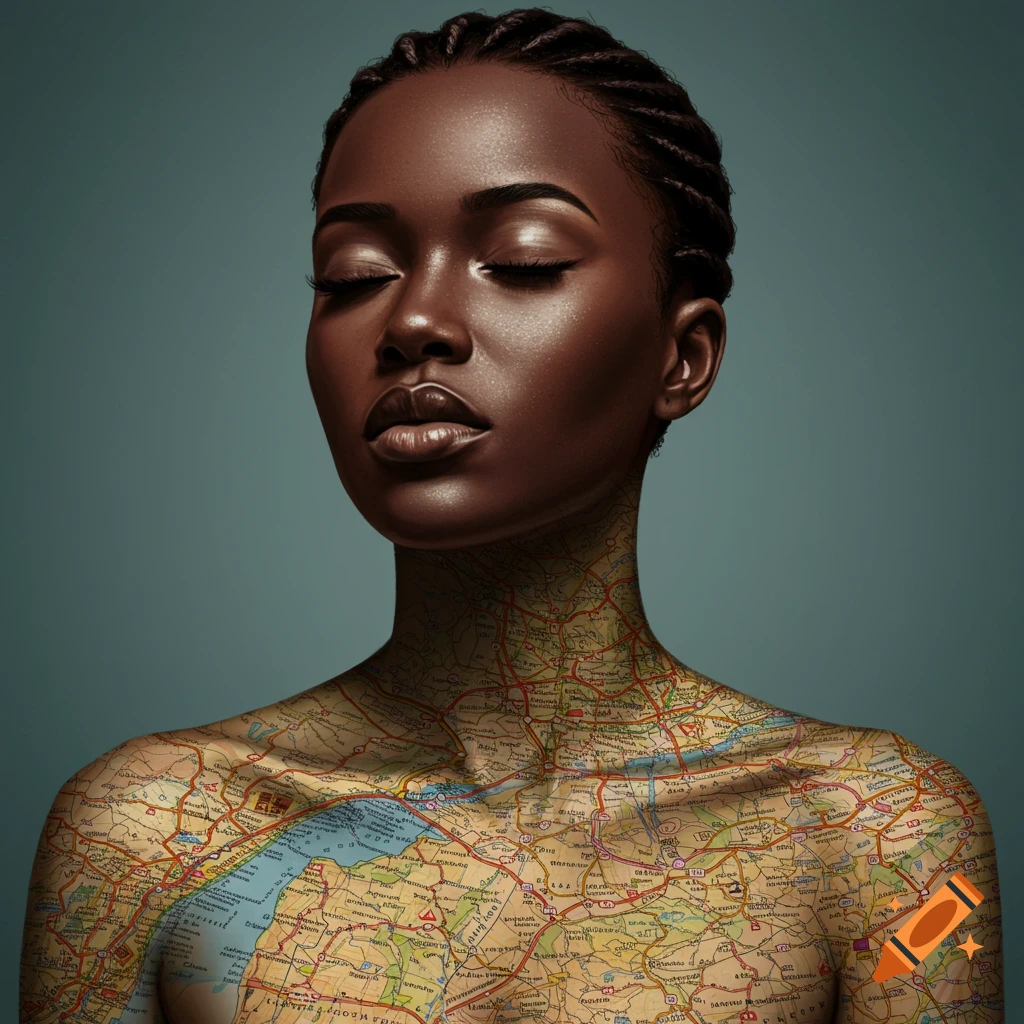 Portrait of a woman with a road map pattern on her skin