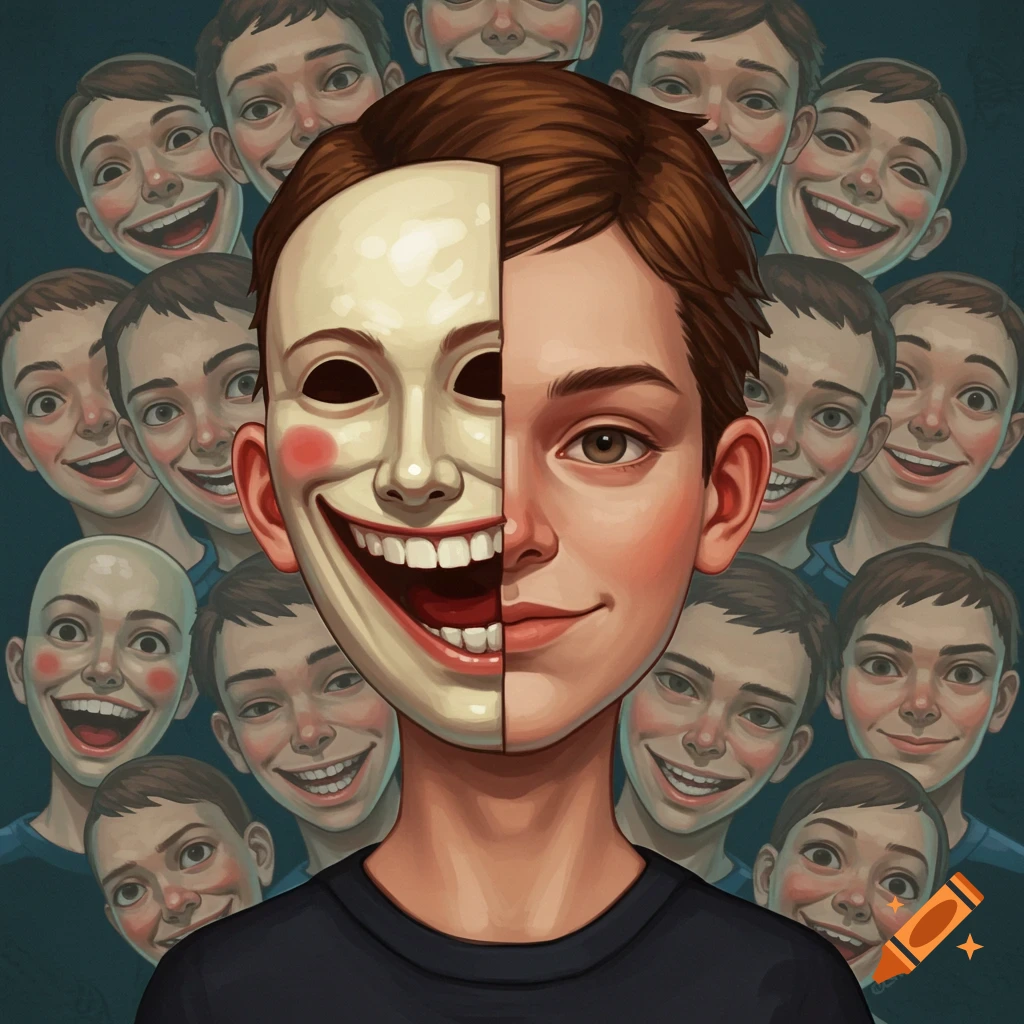 A person with a split face, half real and half mask, surrounded by faces wearing the mask's expression.