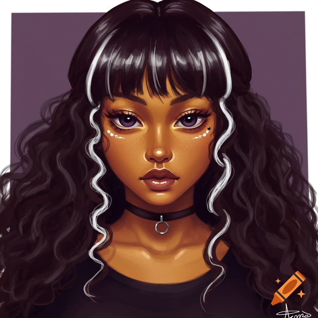 A digital portrait of a woman with dark skin, purple eyes, dark curly hair with white streaks, freckles, and a choker.
