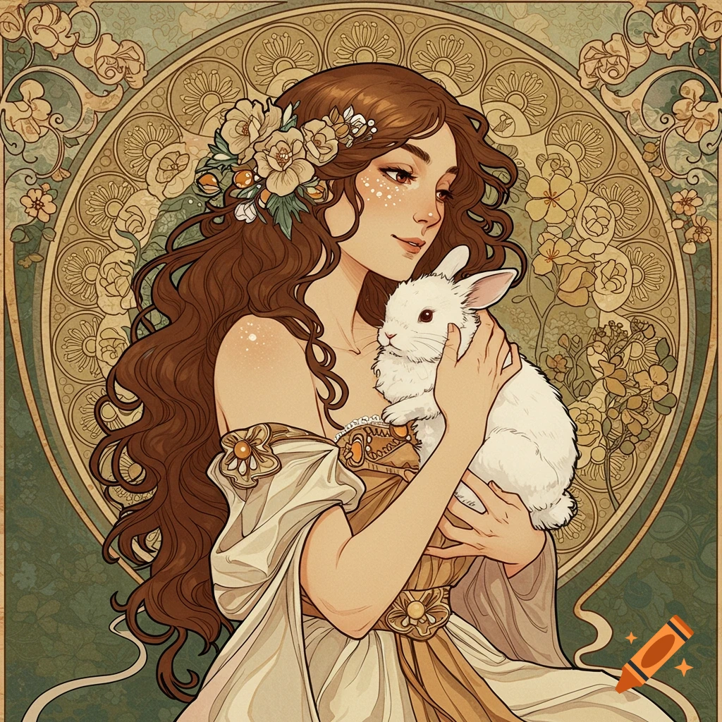 Art nouveau portrait of a woman with long hair holding a white bunny.