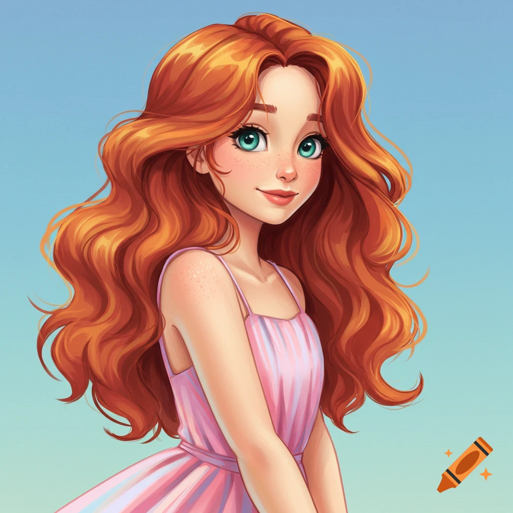Close-up of a smiling girl with long red hair and freckles, wearing a pink striped dress.