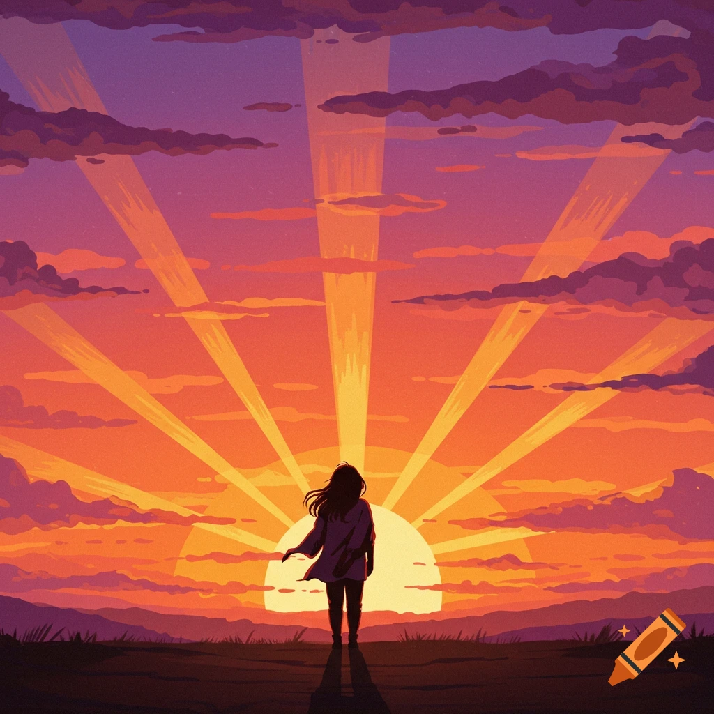 A person stands on a hill watching a vibrant sunset with sun rays and clouds.