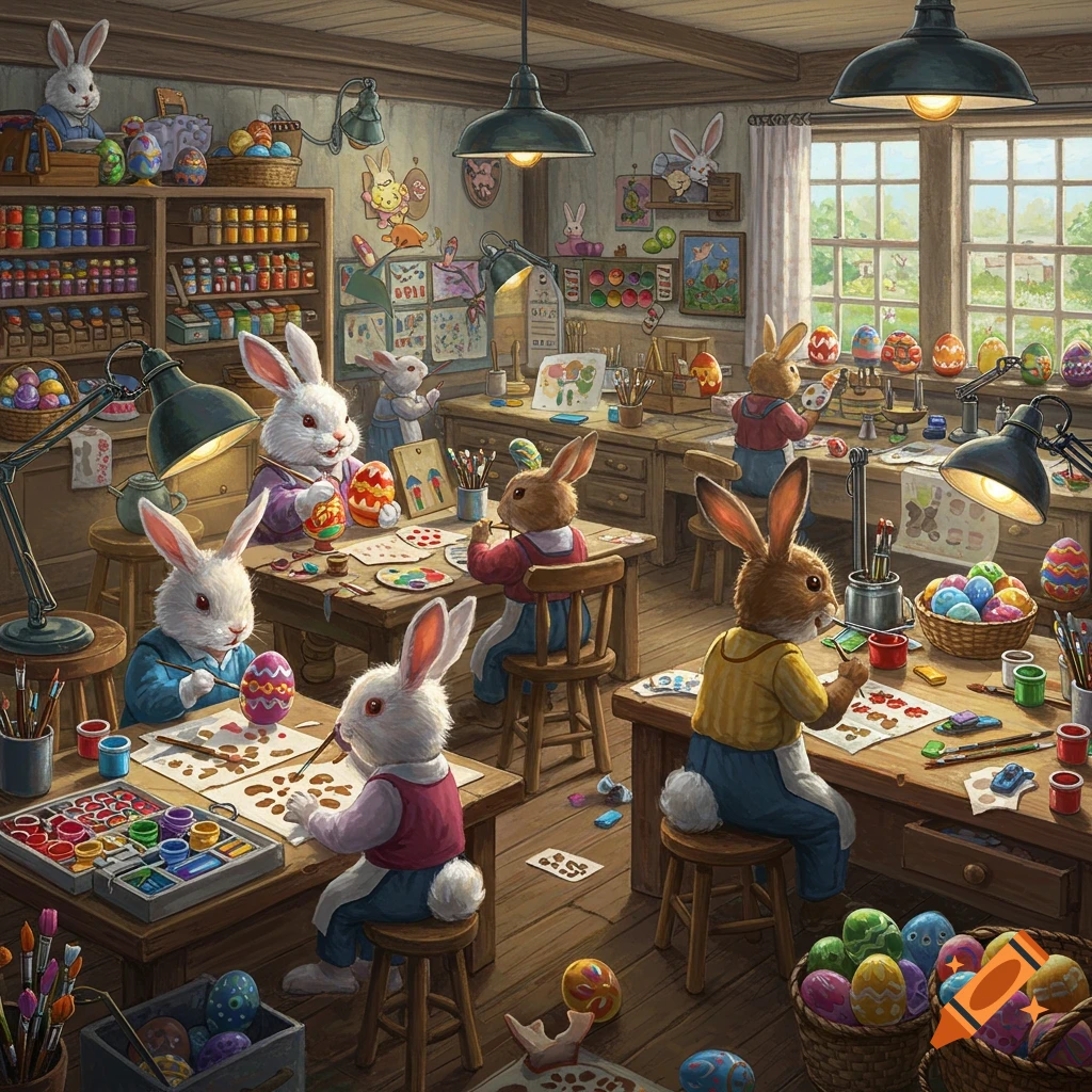 A workshop filled with rabbits painting Easter eggs.