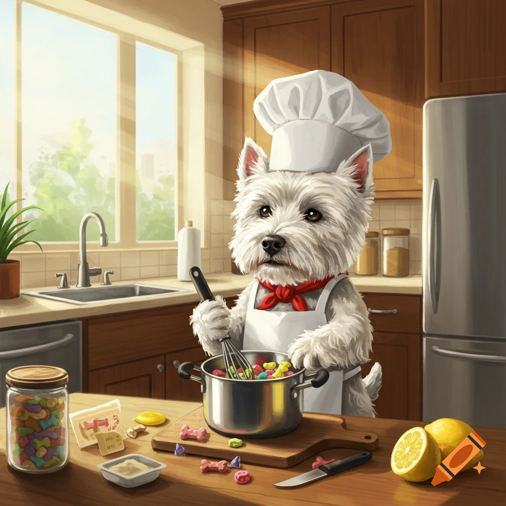 A West Highland Terrier dog wearing a chef hat and apron stirs a pot in a kitchen.
