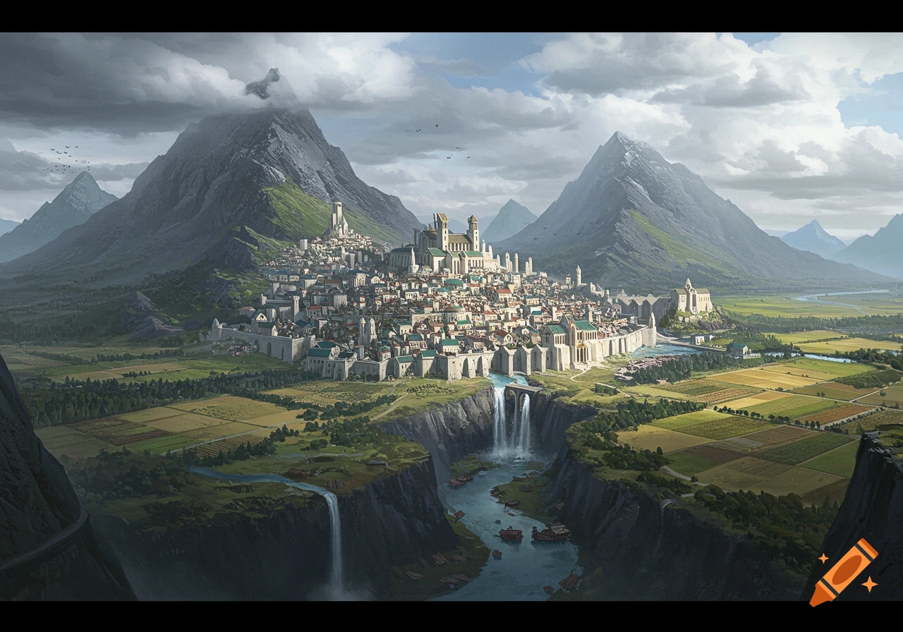 A fantasy city nestled in a valley between mountains, with rivers, waterfalls, and fields.
