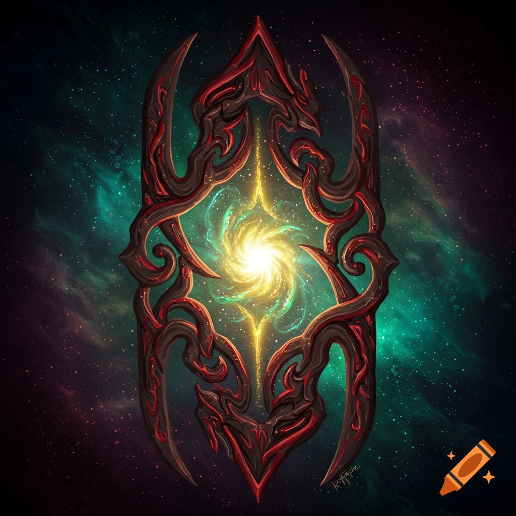 Intricate draconic rune with swirling light against space background.