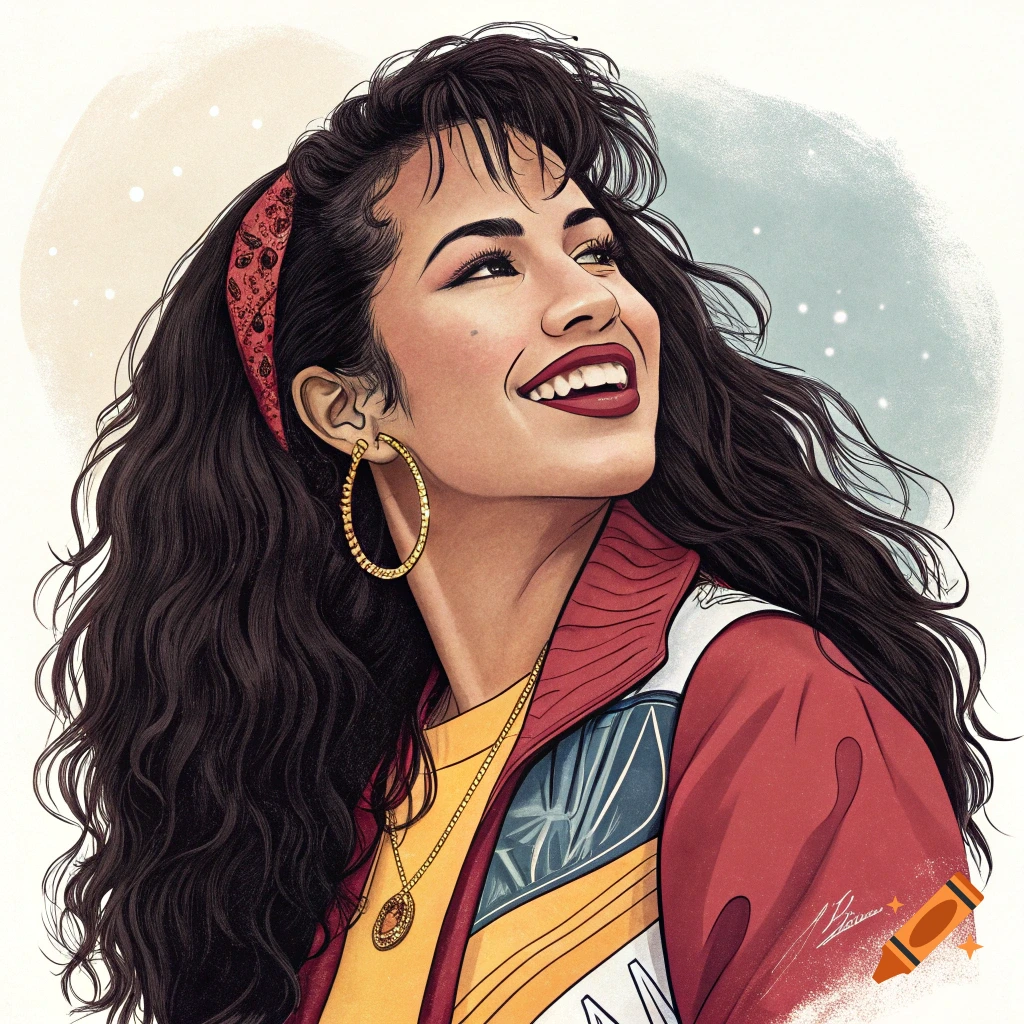 Illustrative portrait of Selena Quintanilla smiling and looking up, wearing a red headband and jacket.