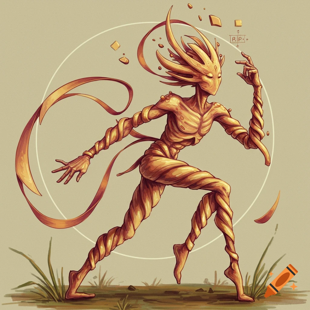 A creature made of golden twisted ribbons, striding.