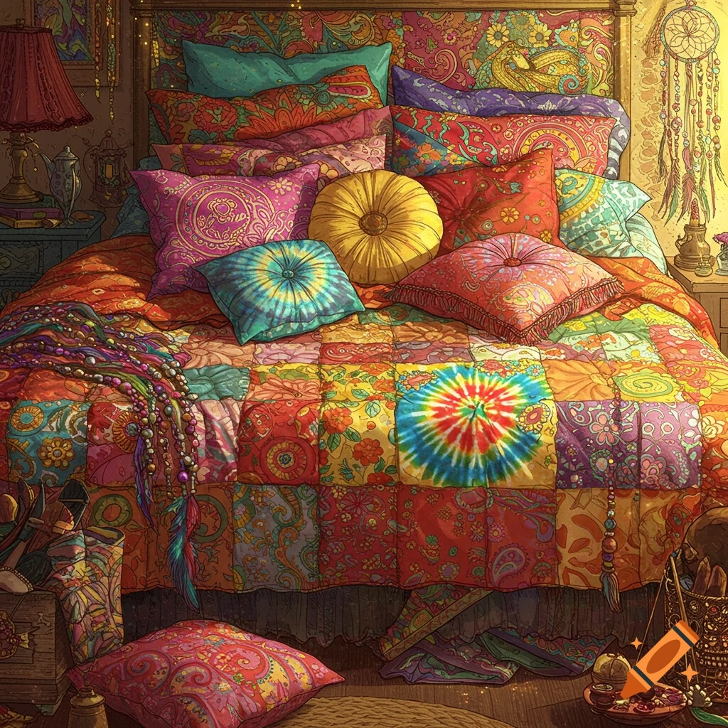 A vibrant bed piled high with colorful, patterned pillows and patchwork blankets in a hippie style.