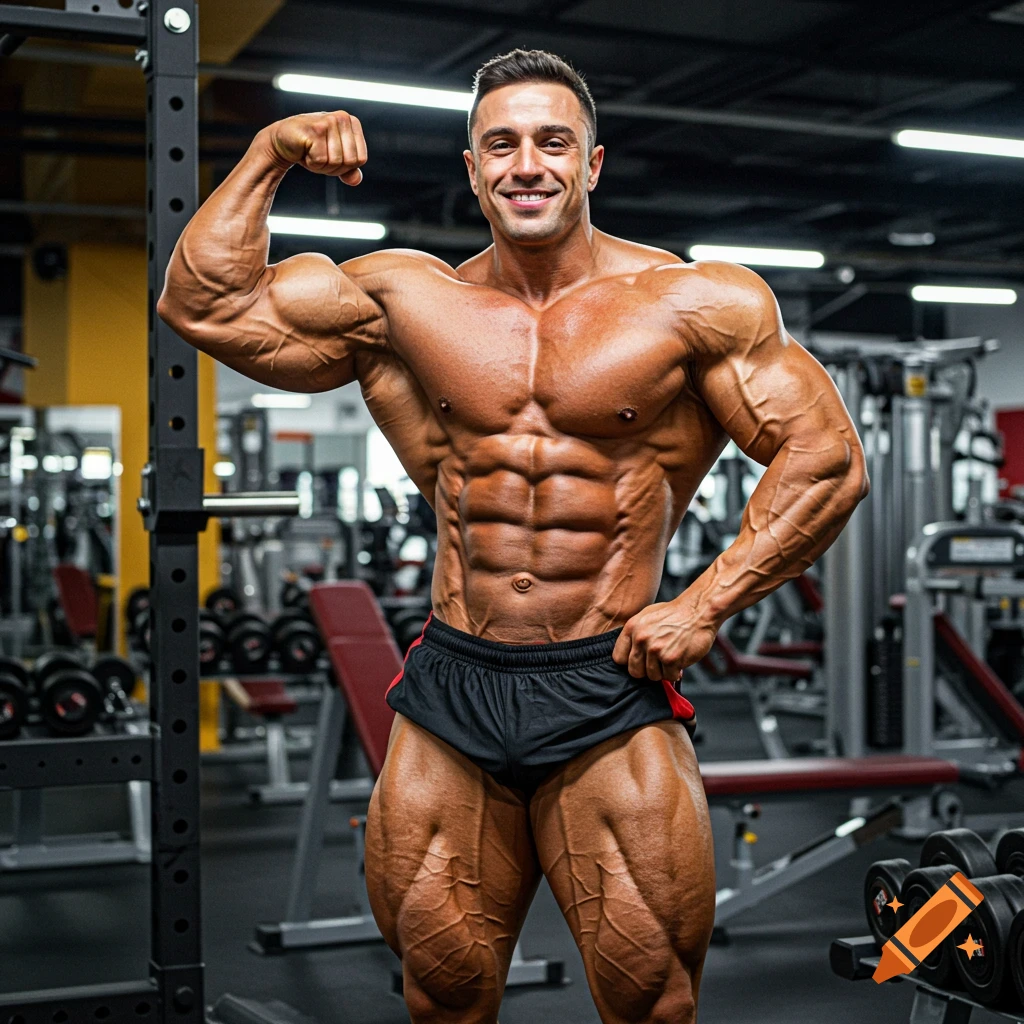 Muscular bodybuilder poses in a gym, flexing his bicep.