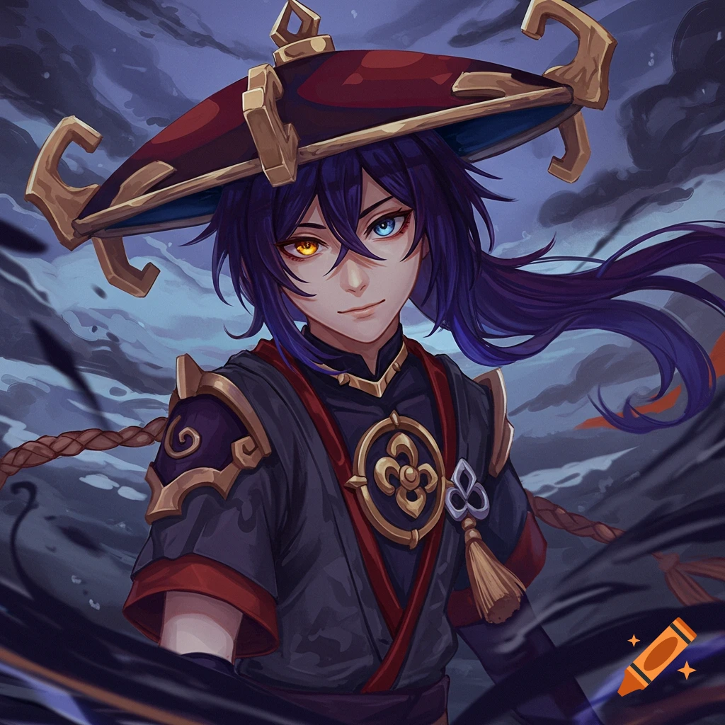 An image of Scaramouche from Genshin Impact wearing his signature hat and outfit.