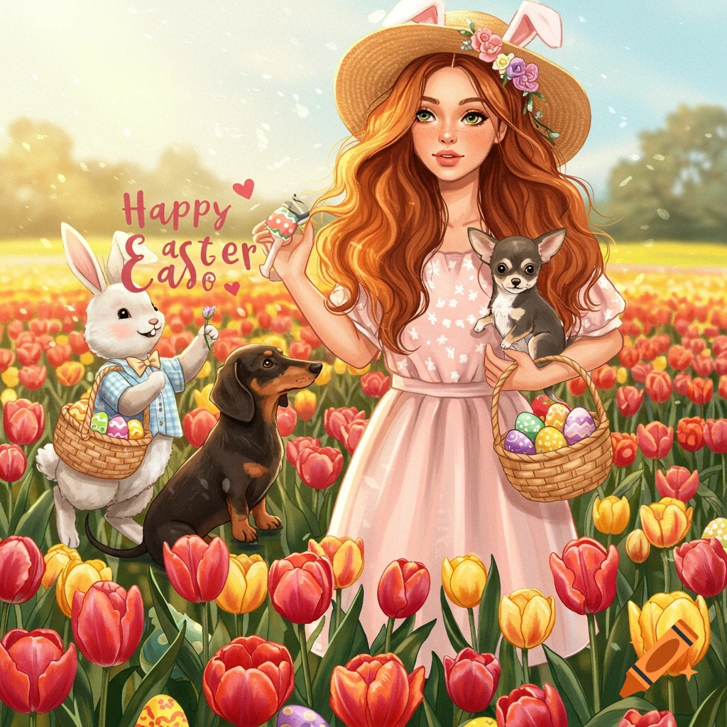 A girl, Easter bunny, and dogs in a tulip field saying 'Happy Easter'.