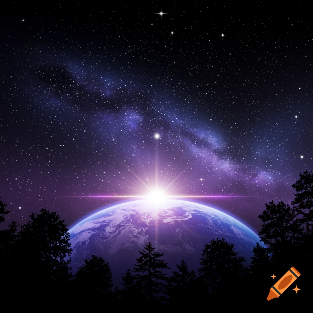 Earth from space with a star or sun rising, stars, Milky Way, and silhouetted trees.