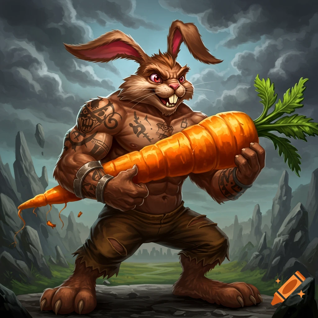 A muscular, tattooed bunny creature holds a giant carrot in a fantasy landscape.