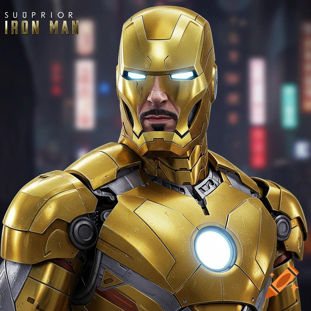 Iron Man in a golden suit with face visible, against a blurred city background.