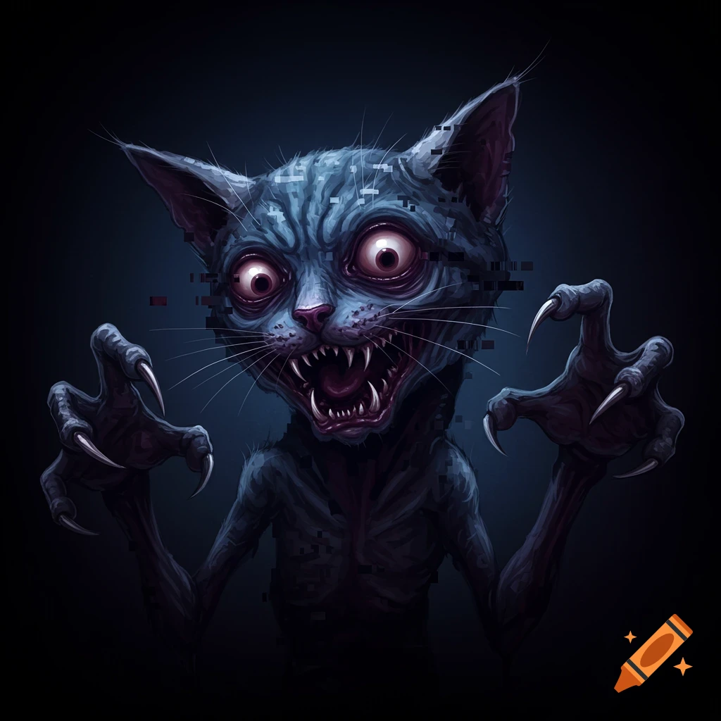 A creepy, deformed cat with glowing eyes and glitches.