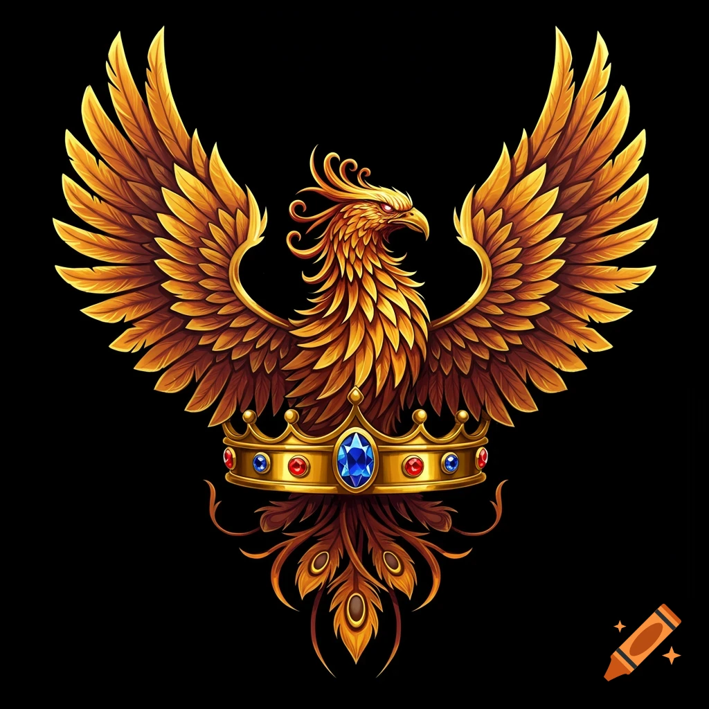 A golden phoenix with large wings stands over a jeweled crown.