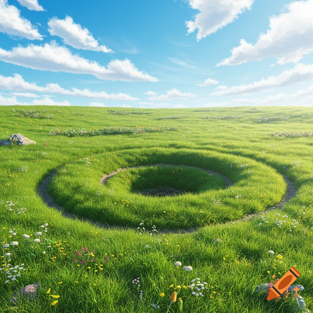 A grassy field with a spiral path leading to a bare patch in the center under a blue sky.