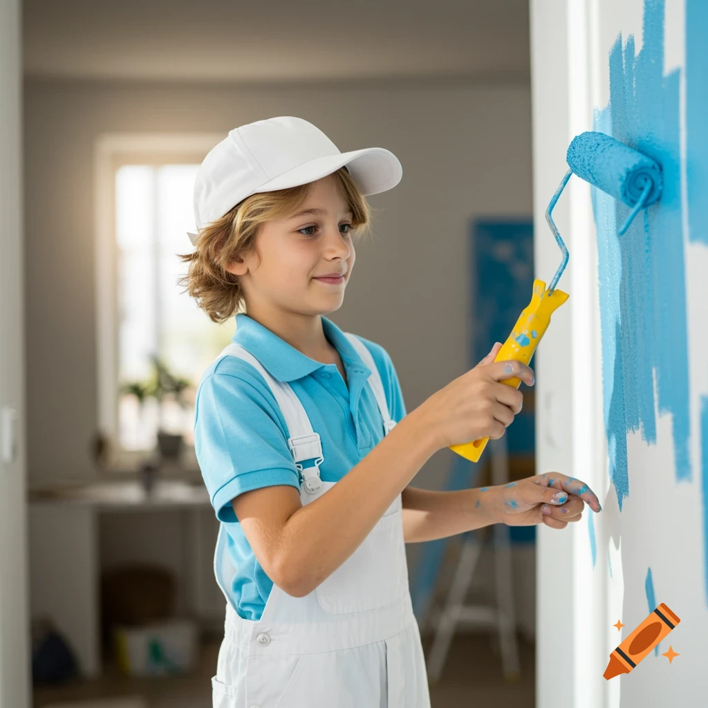 Young boy in overalls painting a wall blue with a roller, natural light.