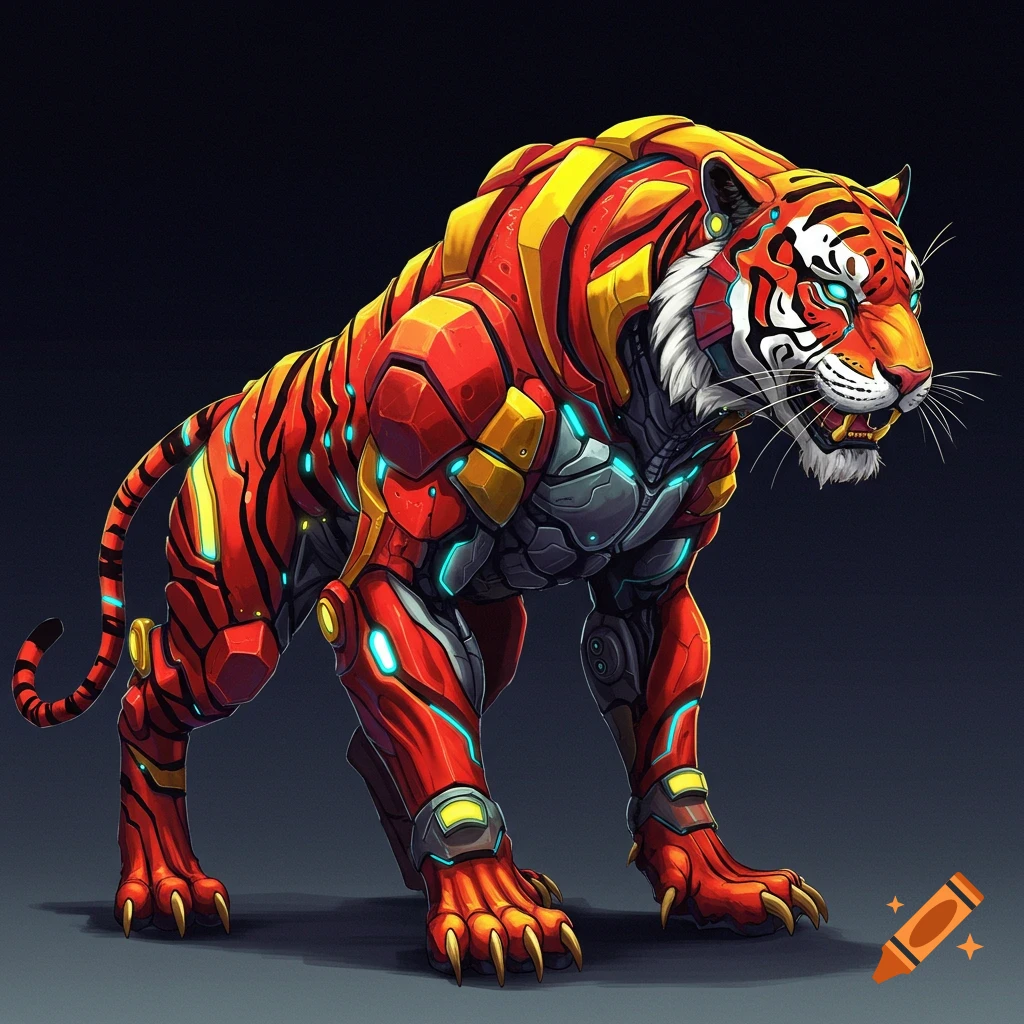 A futuristic cyborg tiger with red and yellow armor and glowing blue lights.