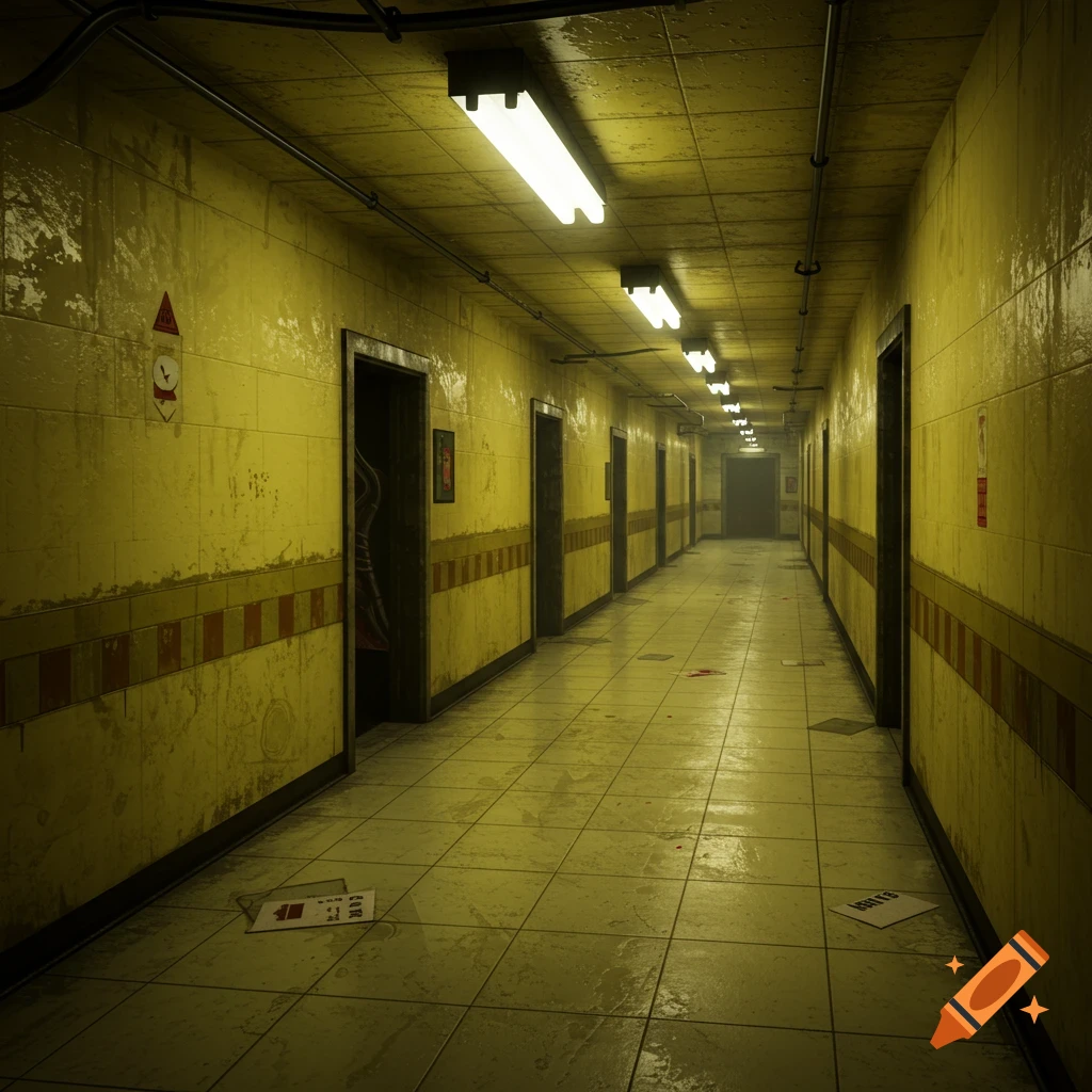 A long, dimly lit, yellow tiled corridor with many doors, pipes on the ceiling, and papers on the floor.