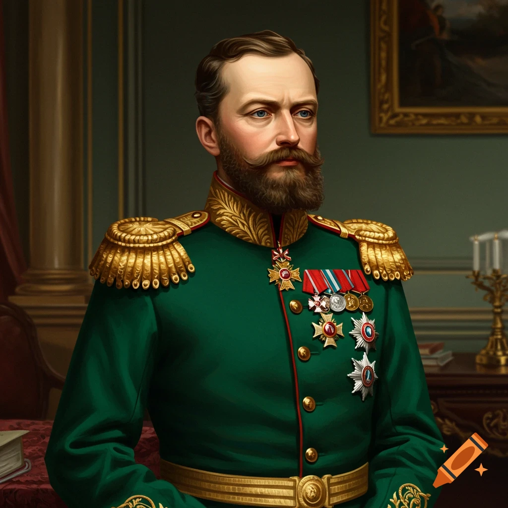 Man in a green Russian Imperial General uniform with medals.