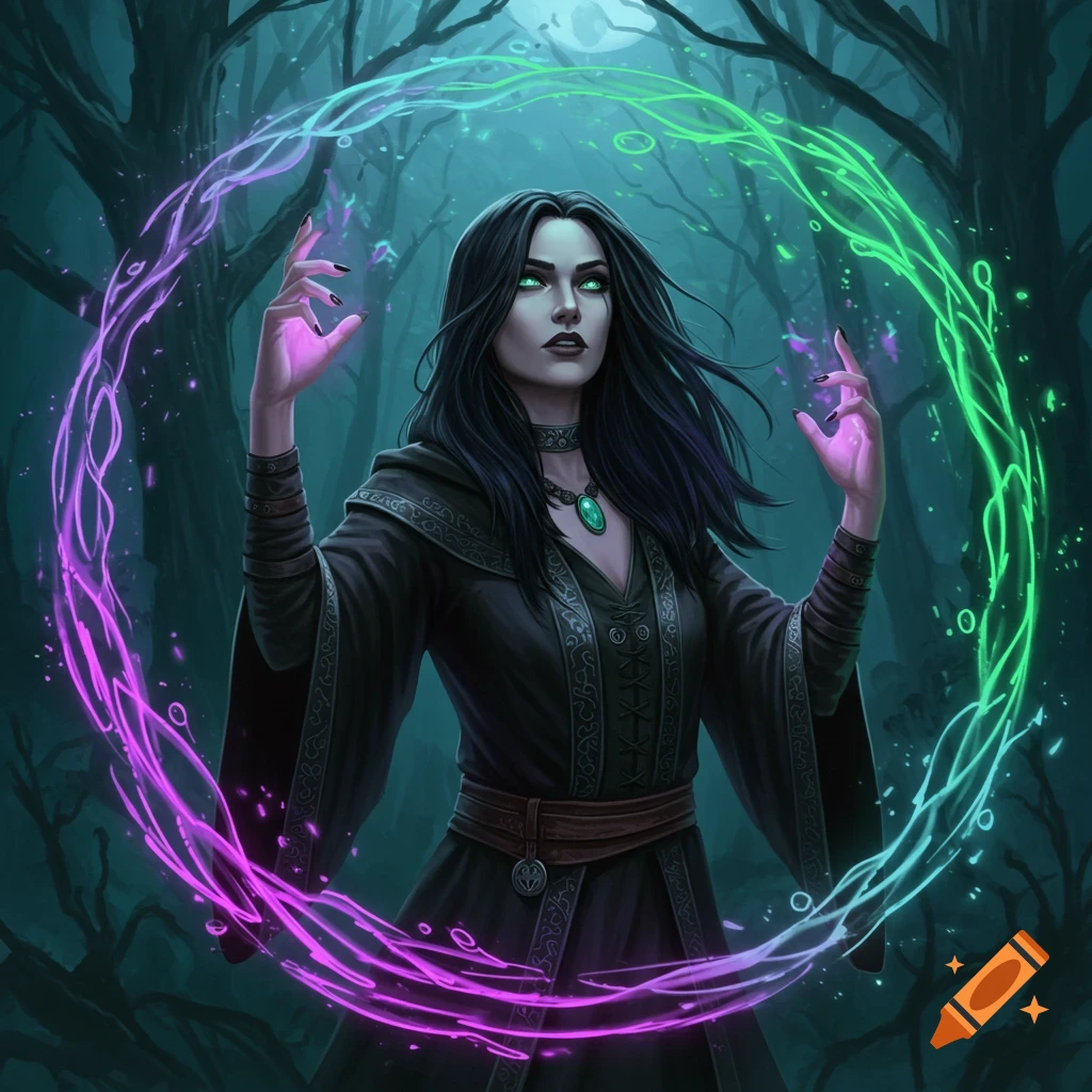 A witch casting a spell in a dark forest, surrounded by swirling purple and green magic.