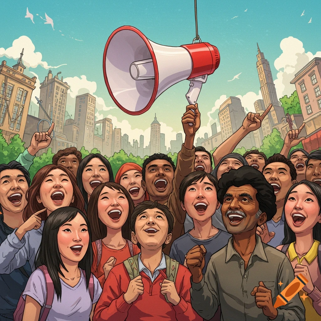 Illustration of a diverse, happy crowd looking up at a large megaphone hanging over a city skyline.