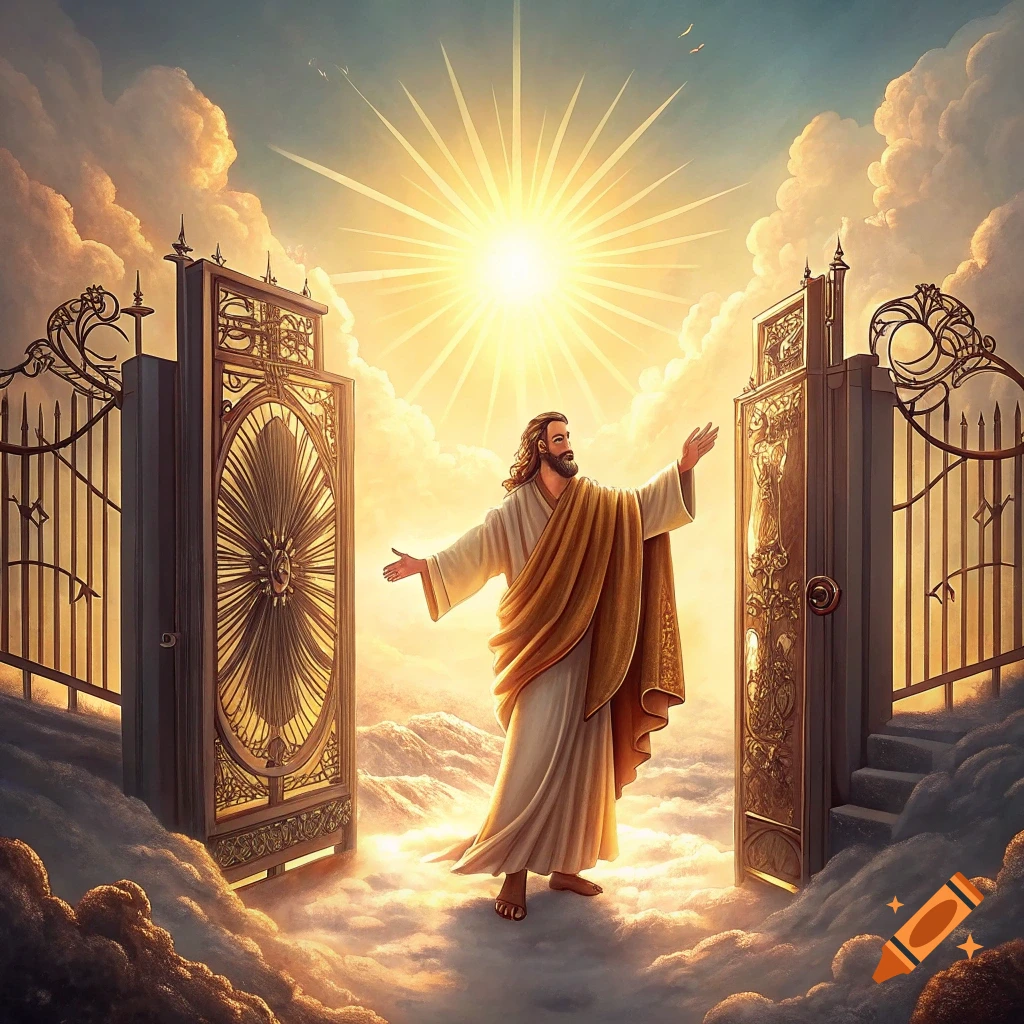 Jesus stands arms outstretched before golden gates of heaven bathed in bright sunlight and clouds.