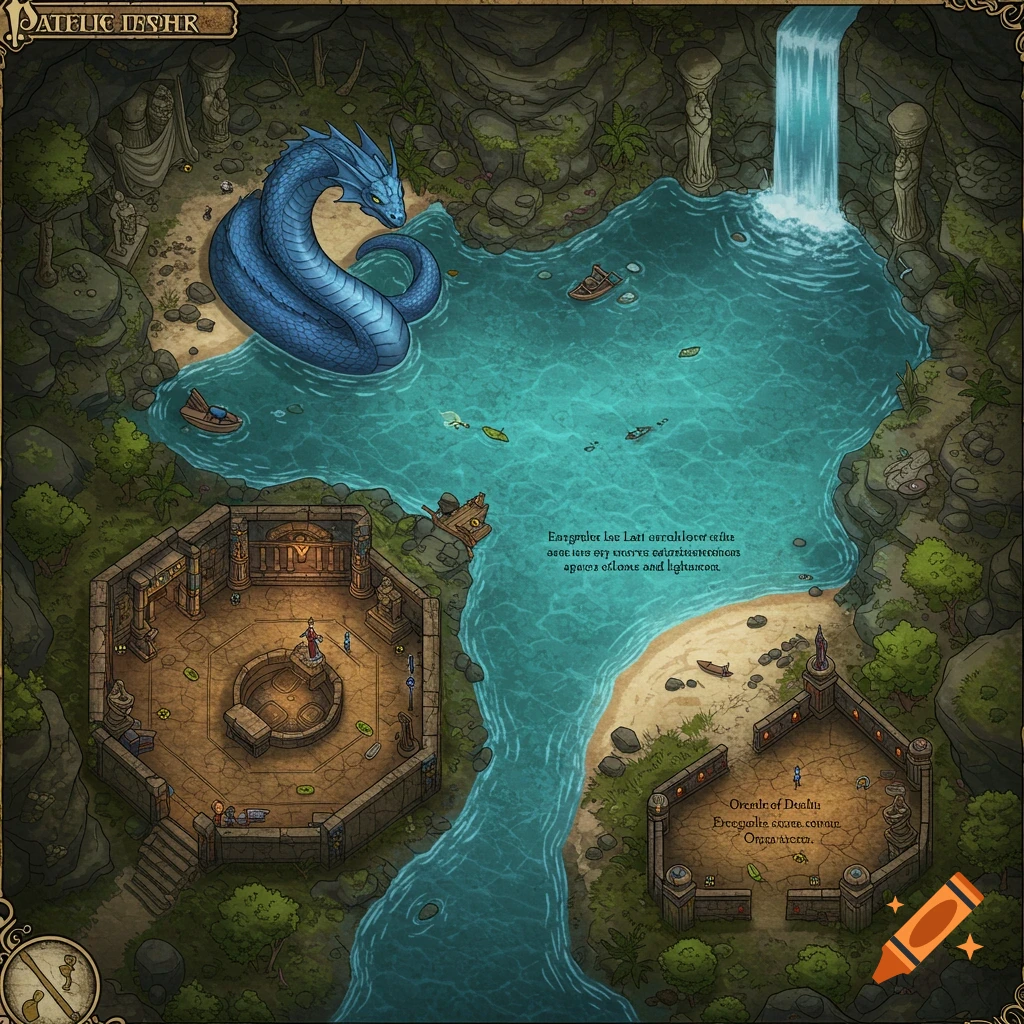 Detailed fantasy map of a cenote lair with a blue naga, lake, waterfall, and ancient structures.