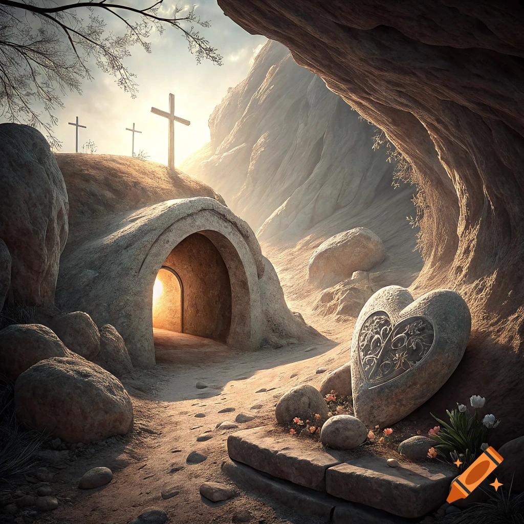 An empty tomb carved into a rock, with light streaming from the entrance, three crosses on a hill in the distance, and a carved heart-shaped stone in the foreground.