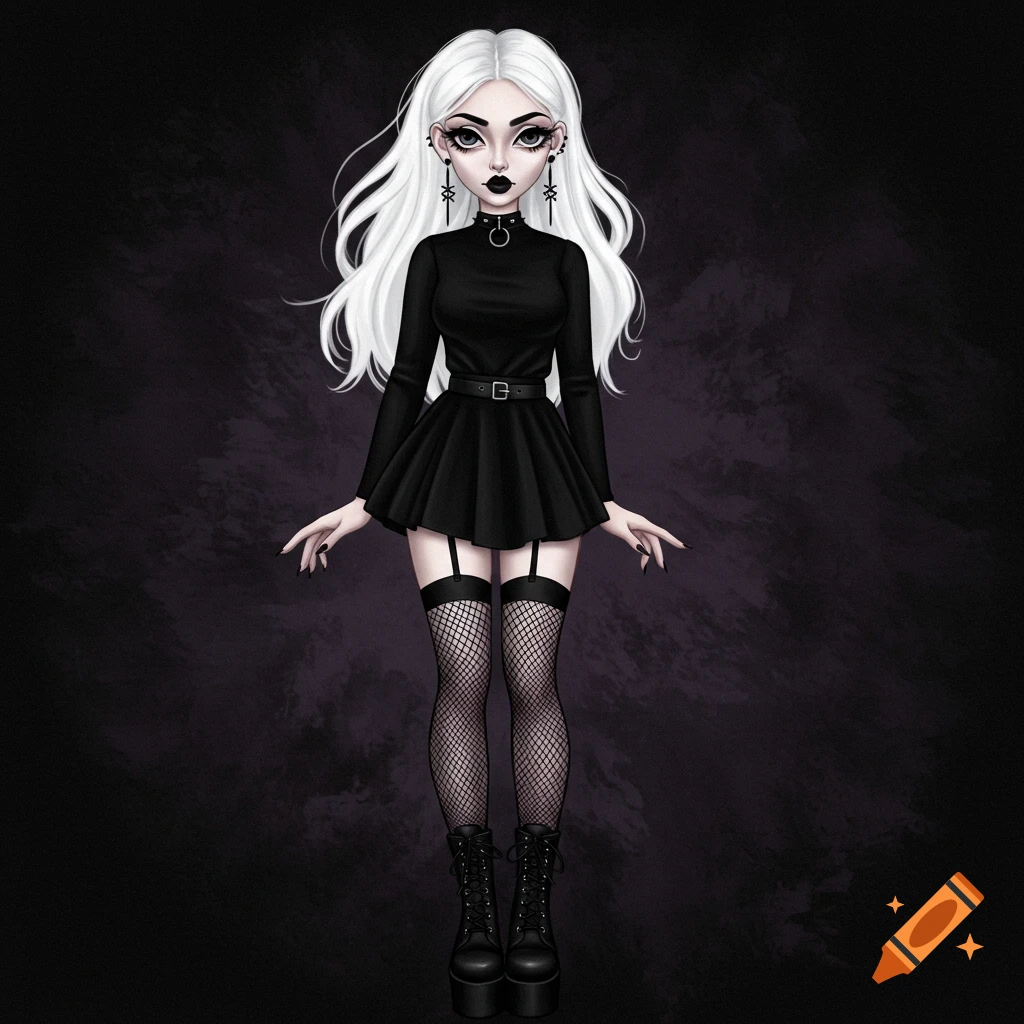 A girl with white hair, black outfit, fishnet stockings, and platform boots.