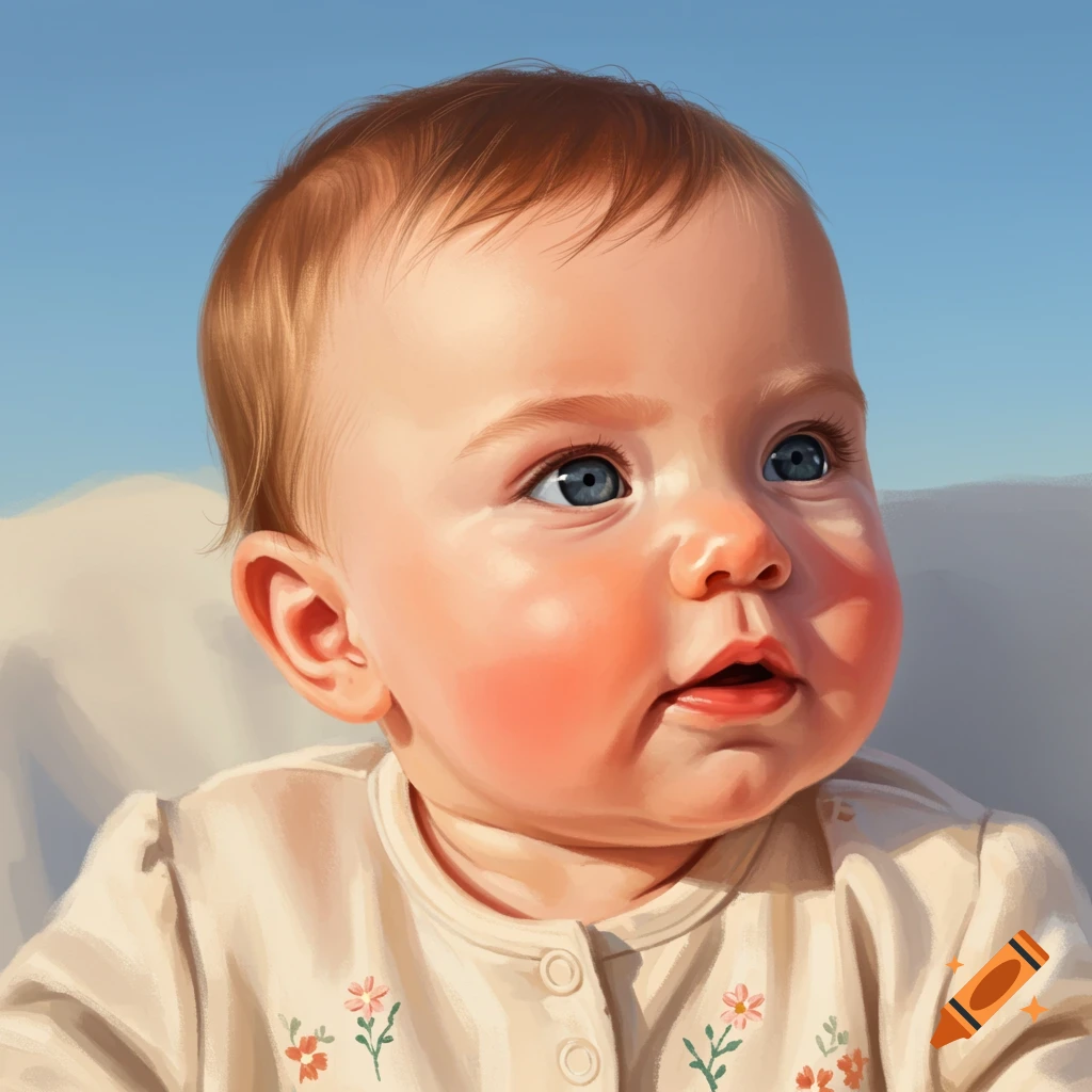 A baby with rosy cheeks and blue eyes