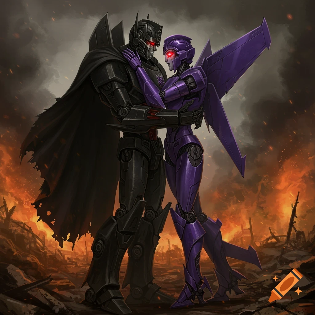 Two Transformers, one black and one purple, are hugging in a ruined battlefield.