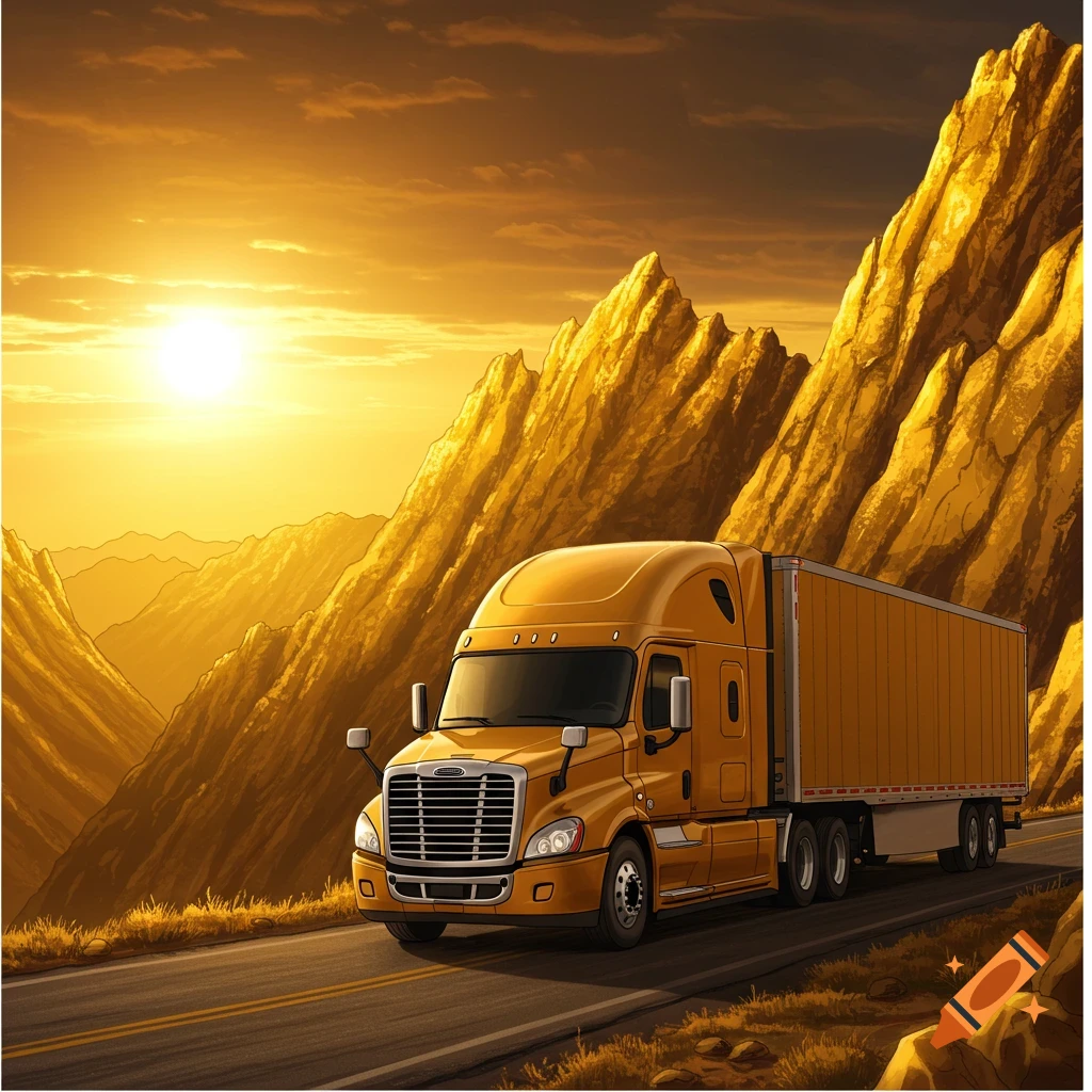 A yellow freightliner truck driving on a road through golden mountains at sunset.