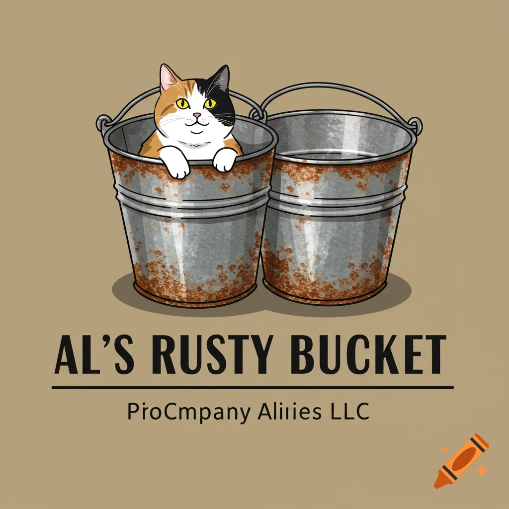 Cartoon logo of a calico cat in a rusty bucket next to another, with 'AL'S RUSTY BUCKET' text.