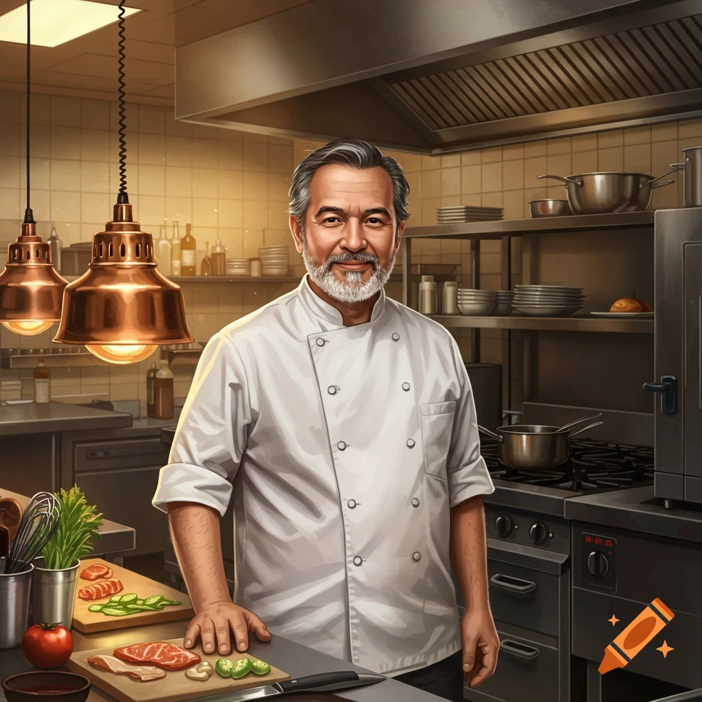 A smiling chef standing in a kitchen with food on a counter