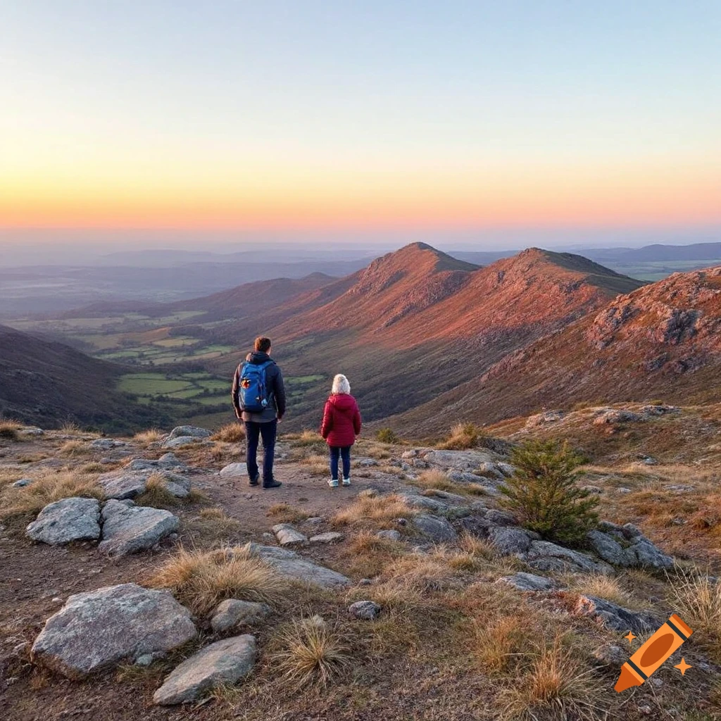 Two people stand on a mountain overlook, gazing at a valley during sunset.
