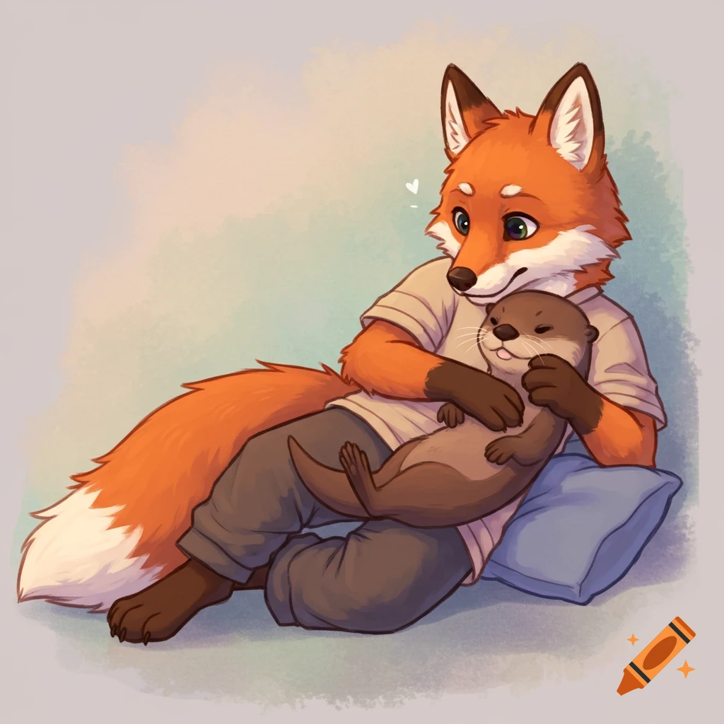 A cartoon anthropomorphic fox lies on its side, hugging a small otter against its chest.