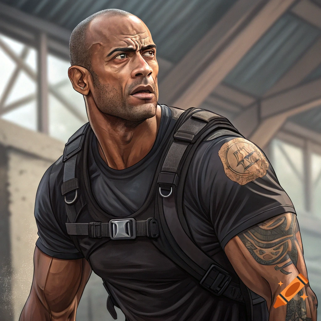 Illustrated portrait of a bald man in black tactical gear looking intently to the side.