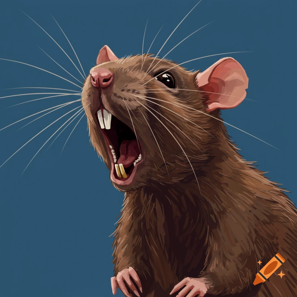 A brown rat with its mouth wide open, revealing its teeth and tongue, is shown against a blue background.