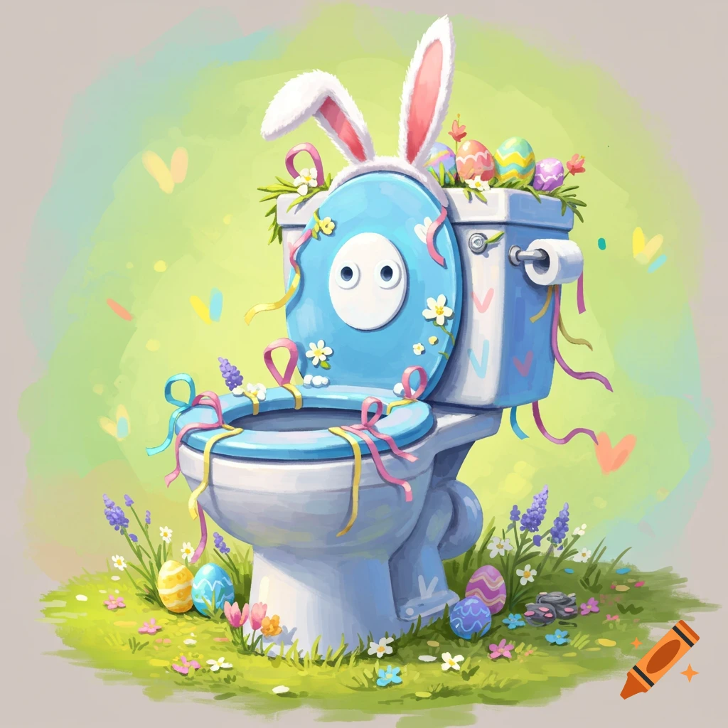 Toilet decorated as the Easter bunny with eggs, ribbons, and flowers in grass.