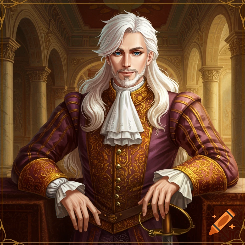 A white-haired man in a historical purple and gold suit holds a sword in an ornate hall.
