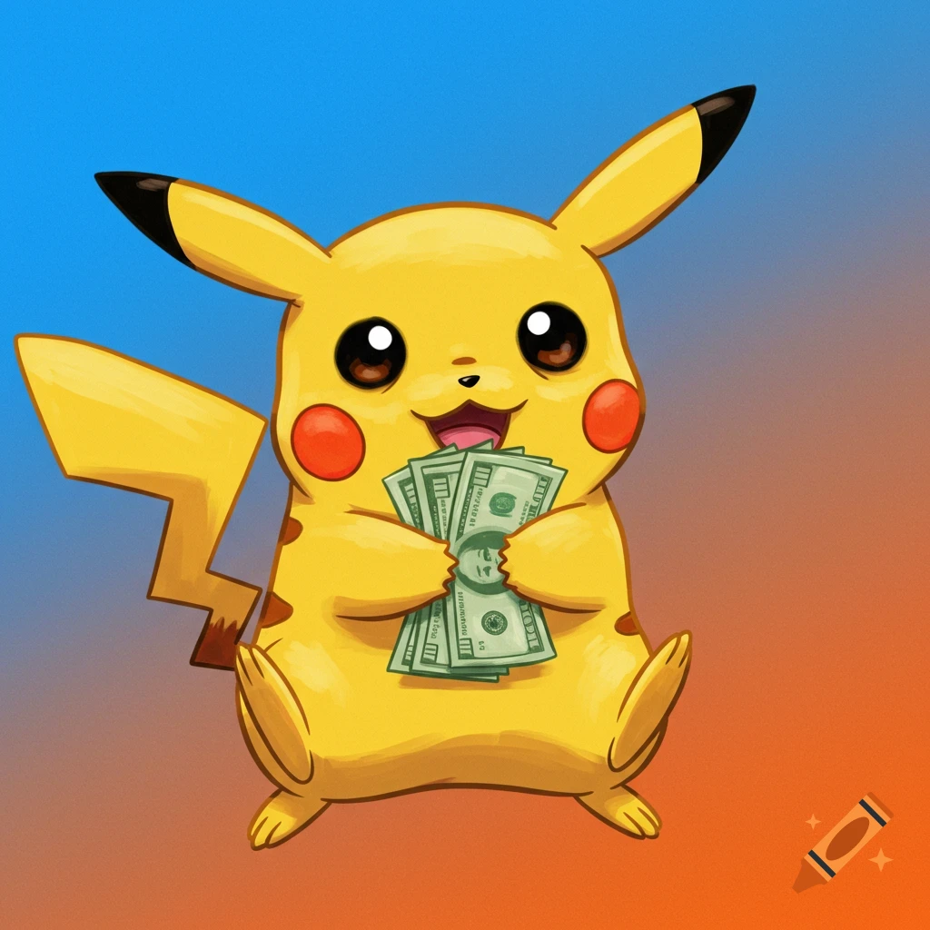 Pikachu holding a fan of US dollar bills against a blue and orange background.