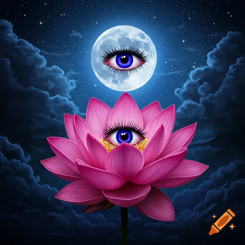 A pink lotus flower with an eye in the center is positioned below a full moon that also contains an eye, all set against a starry night sky.