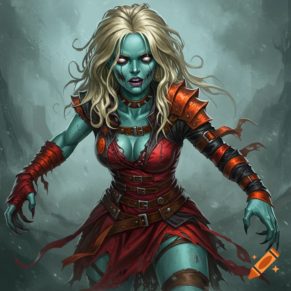 A zombie woman with teal skin, blonde hair, and a red and black outfit.