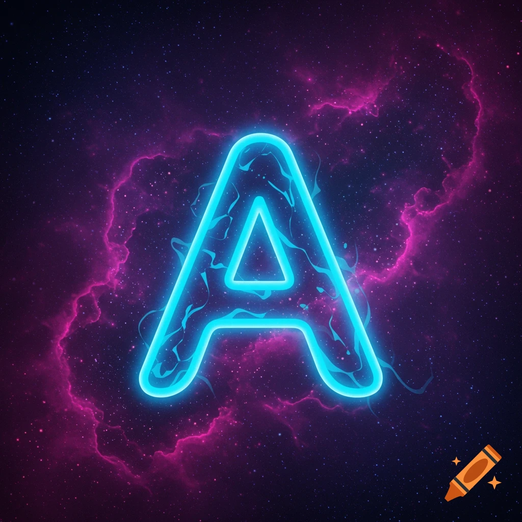 Glowing neon letter A in space with pink nebula.
