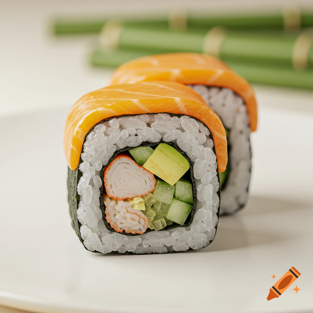 Photorealistic close-up of two sushi rolls with salmon, avocado, cucumber, and crab on a white plate.